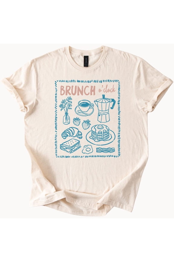 Tee With Brunch O Clock Graphic Tee Pancakes Coffee Croissant Eggs Bacon Breakfast Food Illustration Shirt Cute Aesthetic Brunch Lover Gift Birthday Gifts; For Men & Women