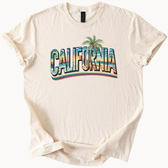 Kiraa Tee With California Graphic T Shirt Palm Tree Sunset Beach Scene Soft Neutral Tee Coastal Shirt Summer Shirt California Gift Travel Shirt Birthday Gifts; For Men & Women