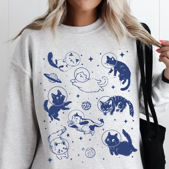 Kiraa Tee With Cats In Space Sweatshirt, Funny Cat Shirt, Oversized Sweatshirt, Aesthetic Graphic Retro Vintage Shirt, Cat Lover Gift, Cat Sweatshirt Birthday Gifts; For Men & Women