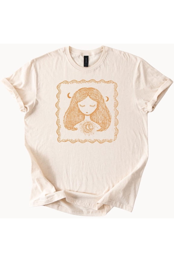 Tee With Celestial Girl Graphic T Shirt Moon Phases Dreamy Boho Art Tee Spiritual Woman Illustration Soft Neutral Aesthetic Shirt Gift Birthday Gifts; For Men & Women