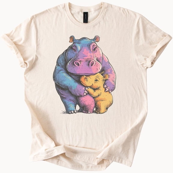 Kiraa Tee with Colorful Hippo Mom And Baby Hugging Graphic T Shirt Cute Animal Art Tee Hippopotamus Family Shirt Gift For Animal Lovers Birthday Gifts; For Men & Women