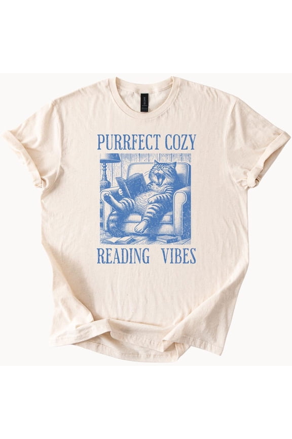 Tee With Cozy Cat Reading Graphic Tee Purrfect Vibes Book Lover Shirt Relaxing Feline Art T Shirt Gift For Readers Literary Cat Shirt Birthday Gifts; For Men & Women