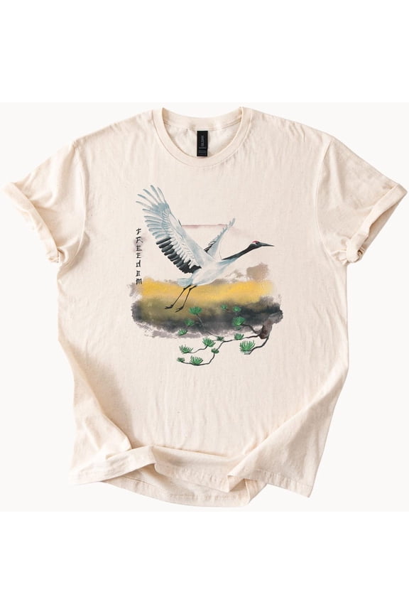 Tee With Crane Bird Flying Over Lotus With Watercolor Clouds And Freedom Text Graphic Nature Art Tee Shirt For Outdoor Lovers And Dreamers Birthday Gifts; For Men & Women