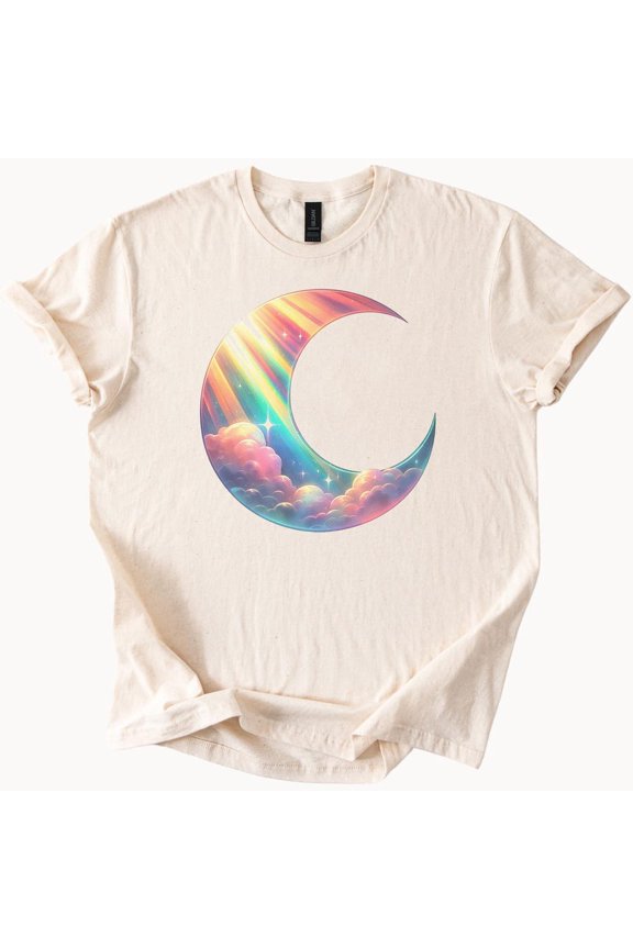 Tee with Crescent Moon Rainbow Clouds Graphic Tee Shirt Dreamy Pastel Sky Aesthetic Celestial Art Soft Cotton T Shirt Gift For Her Or Him Birthday Gifts; For Men & Women