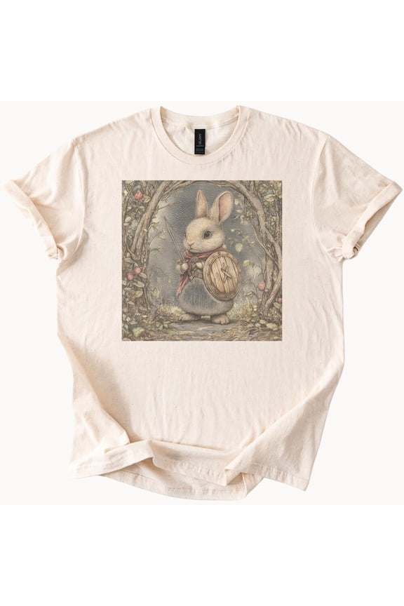 Tee With Cute Bunny Knight Forest Sword And Shield Woodland Warrior Animal Art Graphic Tee Shirt Fantasy Rabbit Illustration Tshirt Birthday Gifts; For Men & Women