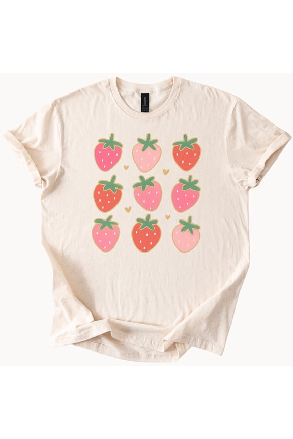 Tee With Cute Pastel Strawberry Graphic T Shirt With Kawaii Fruit Print And Hearts Aesthetic Soft Style Summer Tee For Women Or Teen Girls Birthday Gifts; For Men & Women