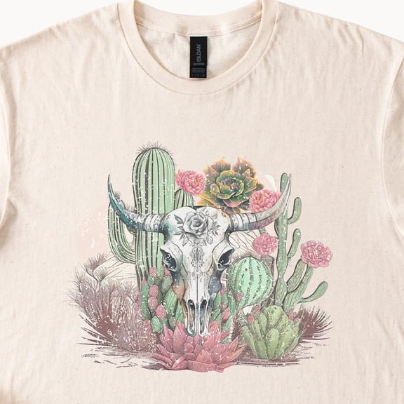 Kiraa Tee With Desert Cow Skull Shirt Graphic With Cactus And Succulents Southwest Boho Floral Tee Natural Color Cotton Western Aesthetic T Shirt Birthday Gifts; For Men & Women