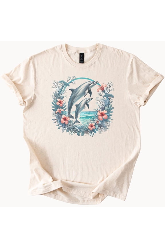 Tee With Dolphin Ocean Scene T Shirt With Tropical Flowers And Coral Reef Graphic Beach Wildlife Nature Tee Marine Life Aesthetic Shirt Birthday Gifts; For Men & Women