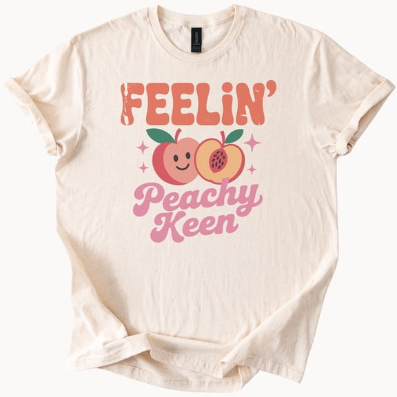 Kiraa Tee with Feelin Peachy Keen Graphic T Shirt Cute Smiling Peach Fruit Shirt Fun Summer Positive Quote Tee Happy Aesthetic Peachy Graphic Top Birthday Gifts; For Men & Women