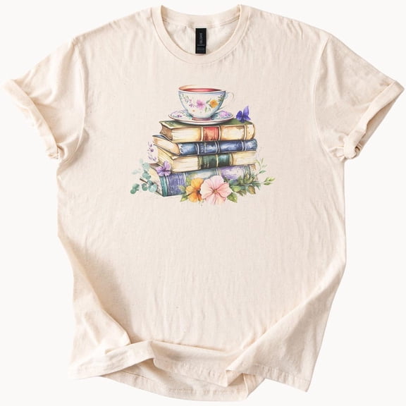 Kiraa Tee With Floral Tea Cup And Books Graphic T Shirt Book Lover Reading Shirt Literary Flowers Tee Cozy Bookish Gift For Readers Aesthetic Top Birthday Gifts; For Men & Women