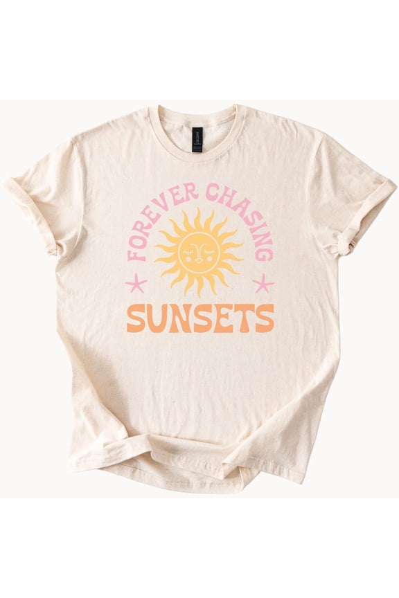 Tee With Forever Chasing Sunsets T Shirt Retro Sun Graphic Tee Summer Vacation Shirt Trendy Womens Top Gift For Her Birthday Gifts; For Men & Women
