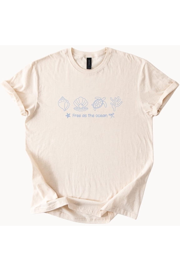 Tee With Free As The Ocean Shirt Sea Shell Turtle Graphic Tee Beach Life Summer Vacation Nautical Coastal Vibes Tshirt For Women Birthday Gifts; For Men & Women