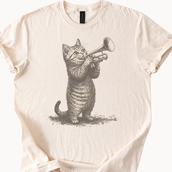 Kiraa Tee With Funny Cat Playing Trumpet Vintage Sketch Animal Music Lover Shirt Gildan Softstyle Natural Graphic Tee Retro Pet Art T Shirt Birthday Gifts; For Men & Women