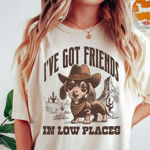 Kiraa Tee With Funny Dachshund Comfort Colors® Shirt, Friends In Low Places Shirt, Funny Dog Tshirt, Oversized Retro Doxie Shirt, Dog Lover Gift, Dog Tee Birthday Gifts; For Men & Women