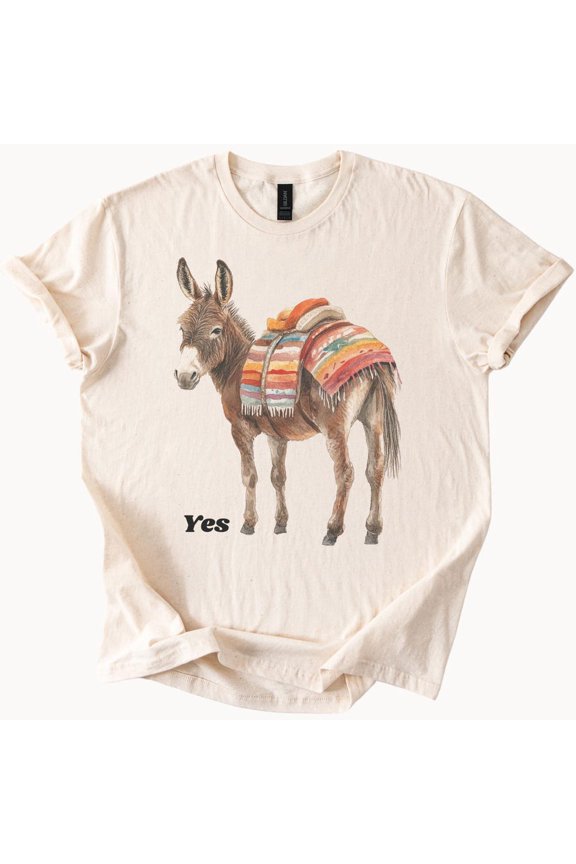 Tee With Funny Donkey Graphic Tee Yes Text Western Mexican Blanket Animal Art Shirt Desert Humor Soft Cotton Unisex T Shirt For Everyday Wear Birthday Gifts; For Men & Women