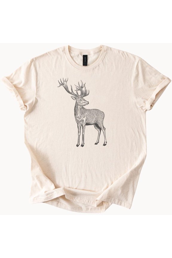 Tee With Hand Drawn Deer Graphic T Shirt Nature Wildlife Animal Illustration Forest Buck Tee Outdoorsy Gift For Him Or Her Casual Shirt Birthday Gifts; For Men & Women
