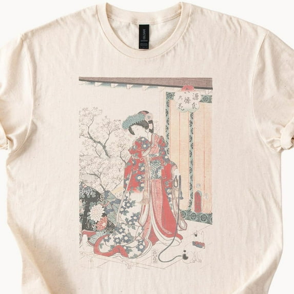 Kiraa Tee With Japanese Ukiyoe Style Woman In Floral Kimono Traditional Art Graphic Natural Color Cotton Tshirt Asian Inspired Clothing Design Birthday Gifts; For Men & Women