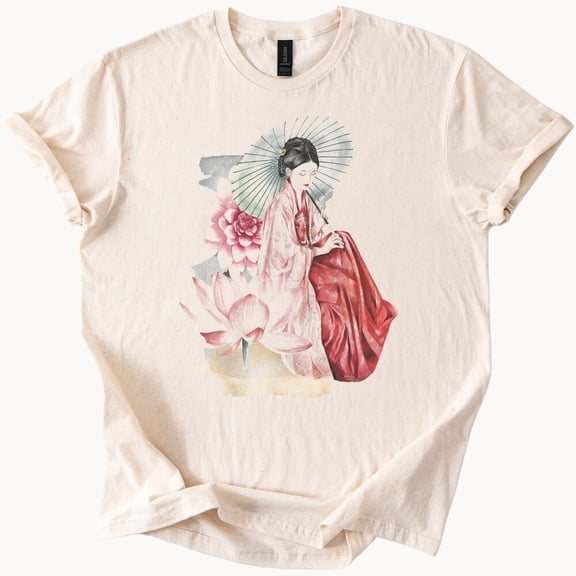 Kiraa Tee With Japanese Woman In Kimono With Lotus Flowers And Parasol Soft Boho Aesthetic Asian Inspired Graphic Tshirt For Art Lovers Birthday Gifts; For Men & Women