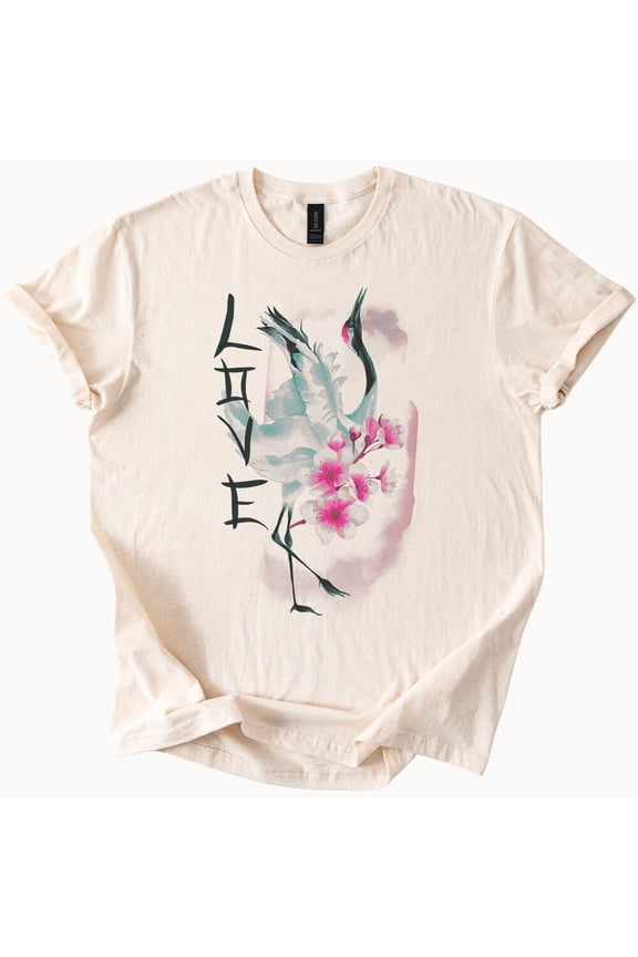 Tee With Love Crane Watercolor Bird And Cherry Blossom Graphic Shirt Artistic Asian Inspired Nature Tee Elegant Heron Floral Print Shirt Birthday Gifts; For Men & Women