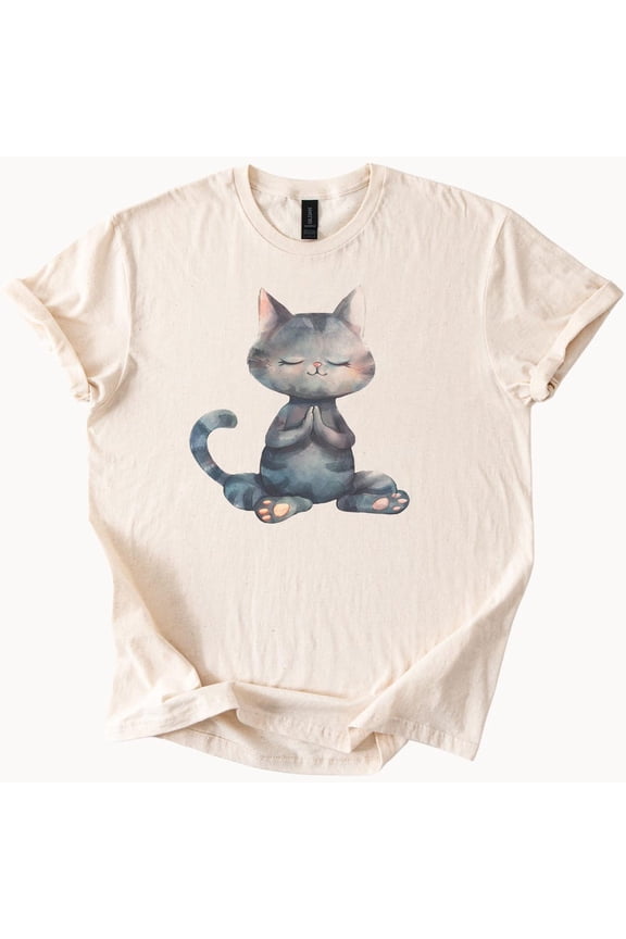Tee With Meditating Cat Graphic T Shirt Cute Zen Yoga Kitty Mindfulness Cat Lover Gift Relaxed Cat Art Shirt For Animal Lovers Meditation Tee Birthday Gifts; For Men & Women