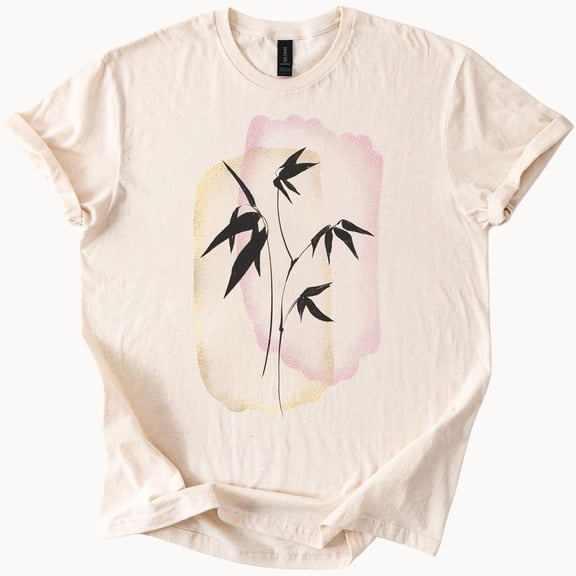 Kiraa Tee With Minimalist Bamboo Leaf Graphic With Soft Pastel Pink And Yellow Abstract Background Artistic Nature Inspired Neutral Aesthetic T Shirt Birthday Gifts; For Men & Women