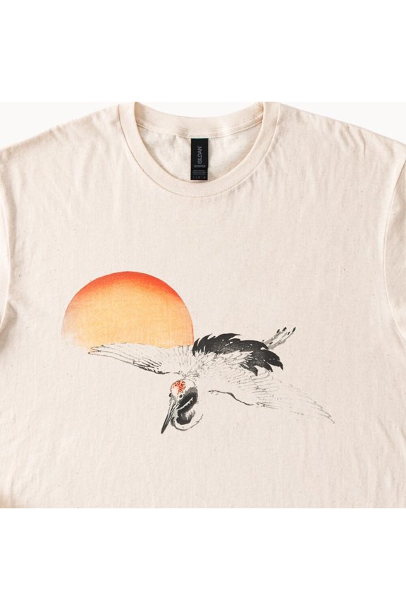 Tee With Minimalist Flying Crane Graphic With Vintage Sunset Art Nature Bird Tee Soft Natural Color Gildan Softstyle Shirt Birthday Gifts; For Men & Women