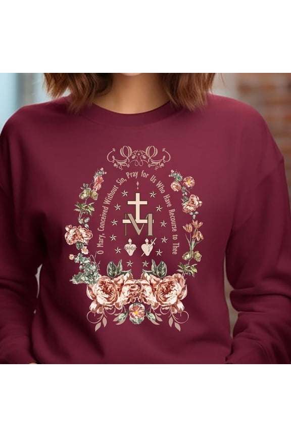 Tee With Miraculous Medal Sweatshirt, Virgin Mary Shirt, Marian Cross T-Shirt, Holiday Gifts Idea,Catholic Gifts For Women,Marian Catholic Sweatshirt Birthday Gifts; For Men & Women