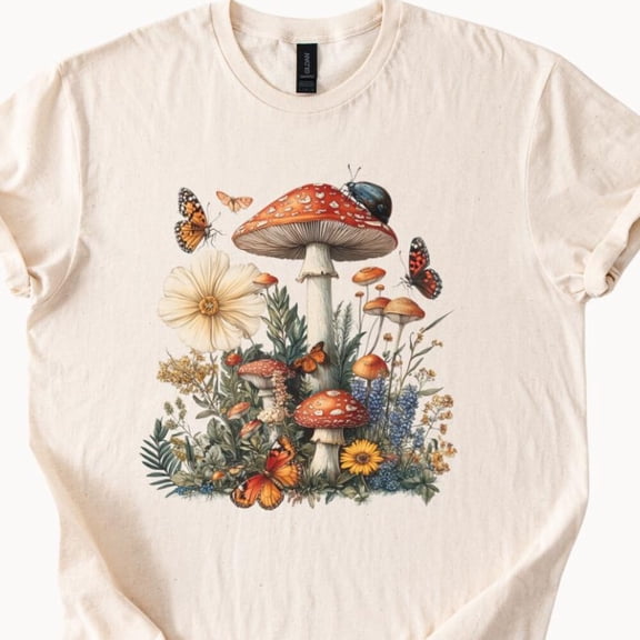 Kiraa Tee With Mushroom Garden T-Shirt, Nature Inspired Tee, Vintage Botanical Shirt, Wilderness Graphic Top, Magical Forest Cottagecore Clothing Birthday Gifts; For Men & Women