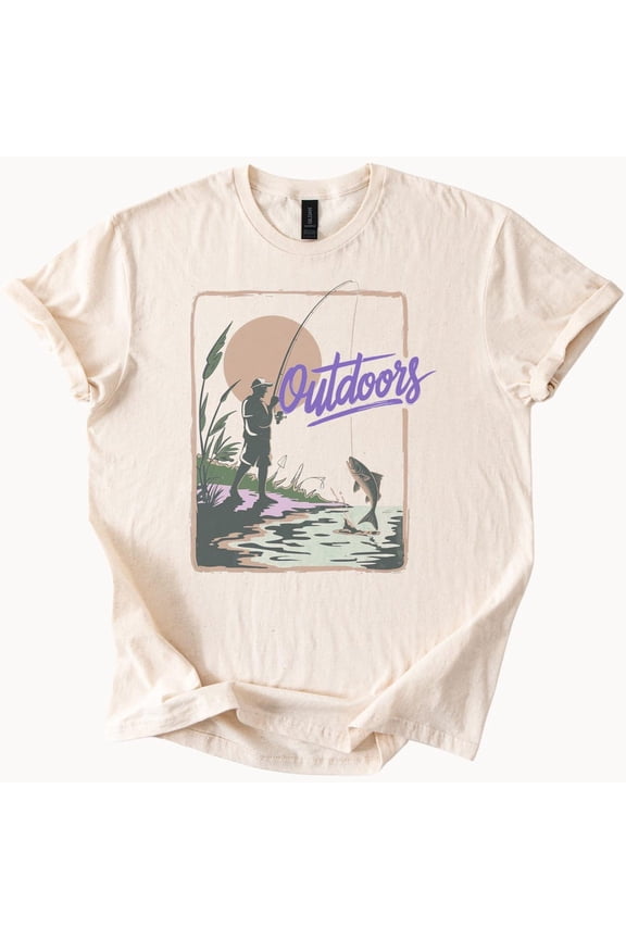 Tee With Outdoors Fishing Graphic T Shirt With Sunset Silhouette Of Man Catching Fish In Nature By River With Retro Style Text And Scenic Design Birthday Gifts; For Men & Women