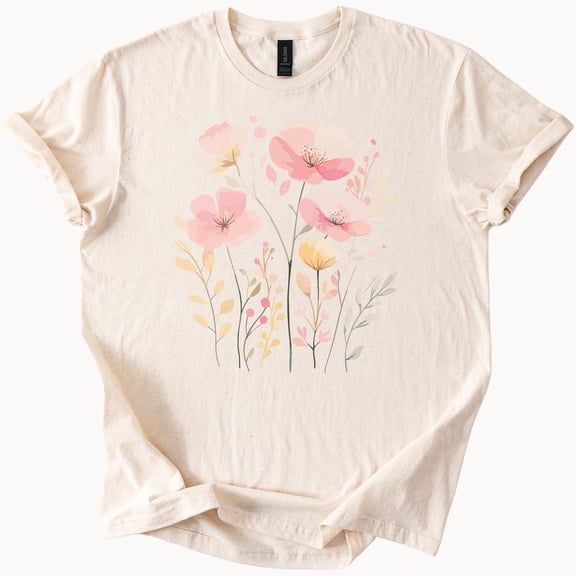 Kiraa Tee With Pastel Wildflower Graphic Tee Soft Pink And Yellow Floral Shirt Cute Garden Flowers Aesthetic Nature Inspired Tshirt For Spring Birthday Gifts; For Men & Women