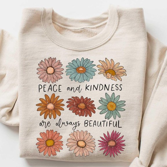 Kiraa Tee With Peace And Kindness Flower Graphic Shirt, Women'S Graphic Tee, Plus Size Graphic Tee, Boho T-Shirt, Flower Shirt, Be Kind Shirt Birthday Gifts; For Men & Women