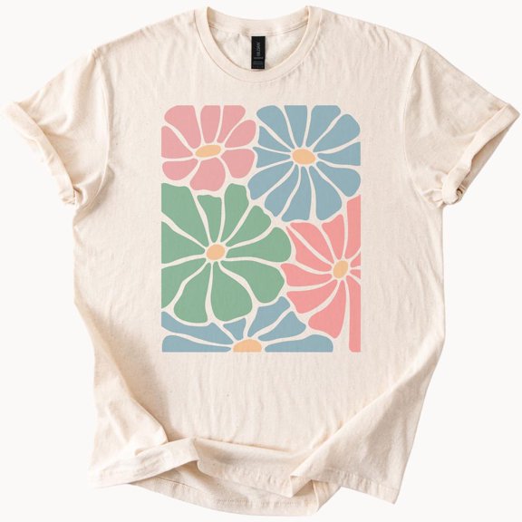 Kiraa Tee With Retro Pastel Daisy Flower Graphic T Shirt Vintage Style Block Print Tee Natural Color Aesthetic Groovy Floral Design Shirt Birthday Gifts; For Men & Women