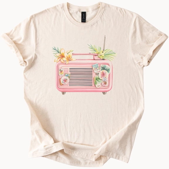 Kiraa Tee With Retro Pink Radio Graphic T Shirt With Tropical Flowers And Palm Leaves Summer Music Aesthetic Cute Floral Tee Gift For Music Lovers Birthday Gifts; For Men & Women