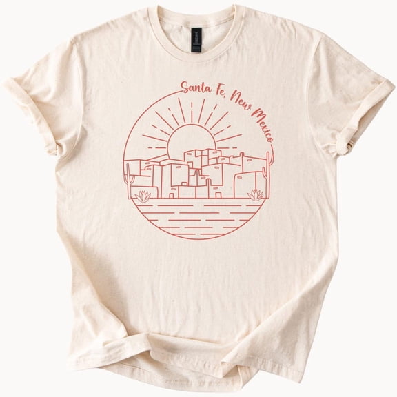 Kiraa Tee With Santa Fe New Mexico Desert Sunset Graphic Tee With Adobe Houses And Cactus Line Art Southwest Style Shirt Birthday Gifts; For Men & Women