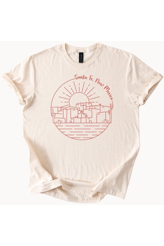 Tee With Santa Fe New Mexico Desert Sunset Graphic Tee With Adobe Houses And Cactus Line Art Southwest Style Shirt Birthday Gifts; For Men & Women