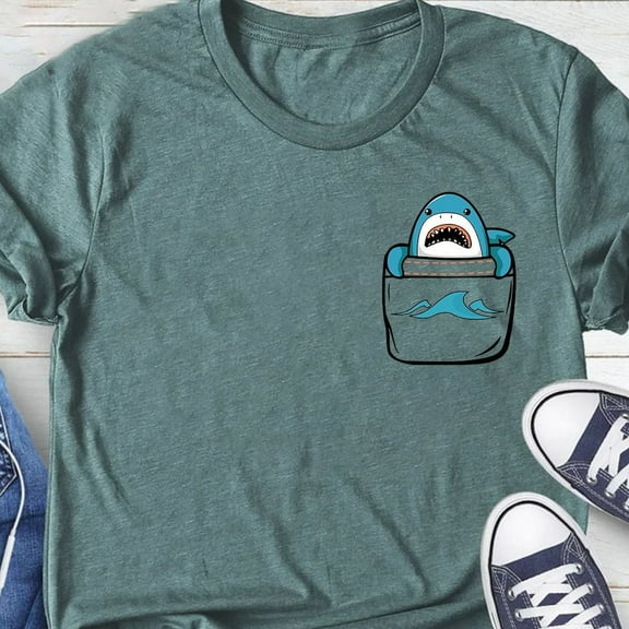 Kiraa Tee With Shark Shirt, Shark, Cute Shark Tee, Shark Pocket Shirt, Little Shark T-Shirt, Toddler Shark Shirt, Shark Shirt For Gift, Shark Shirt Birthday Gifts; For Men & Women