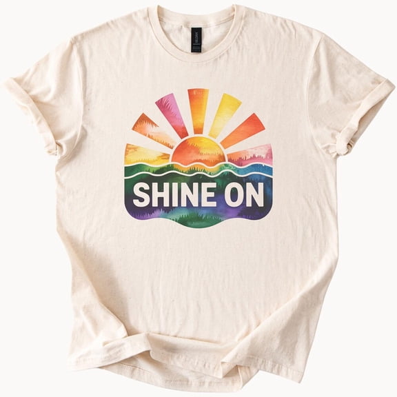 Kiraa Tee With Shine On Tshirt Retro Sunset Graphic Tee Positive Vibes Shirt Boho Style Top Sunshine Lover Gift Trendy Unisex Clothing Birthday Gifts; For Men & Women