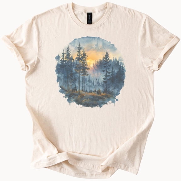 Kiraa Tee With Sunrise Forest Landscape Graphic Tee Nature Hiking Shirt Scenic Pine Tree Art Mountain Adventure Outdoors Tshirt Woodland Sunrise Birthday Gifts; For Men & Women