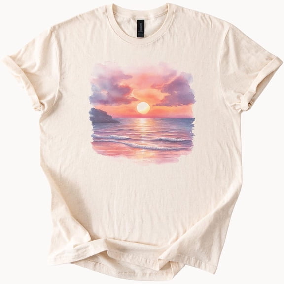 Kiraa Tee With Sunset Beach Graphic T Shirt Ocean Sunrise Coastal Art Soft Cream Tee Summer Aesthetic Nature Scene Unisex Relaxed Fit Shirt Birthday Gifts; For Men & Women