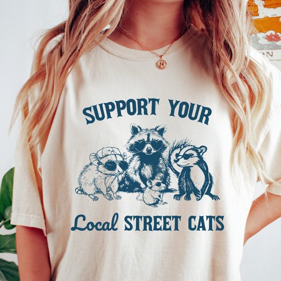 Kiraa Tee With Support Your Local Street Cats Shirt, Vintage Raccoon Possum Skunk Tshirt, Comfort Colors Shirt, Funny Retro Raccoon Possum Graphic Tee Birthday Gifts; For Men & Women