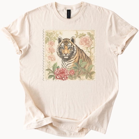 Kiraa Tee With Tiger Graphic T Shirt Botanical Floral Jungle Animal Art Nature Lover Aesthetic Tiger Shirt Soft Cotton Tee Gift For Wildlife Enthusiast Birthday Gifts; For Men & Women