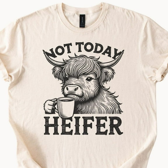 Kiraa Tee With Not Today Heifer Shirt Highland Cow Coffee T-Shirt Natural Beige Color Cotton Tee Funny Cow Shirt Farm Animal Lover Gift Unique Graphic Tee Birthday Gifts; For Men & Women