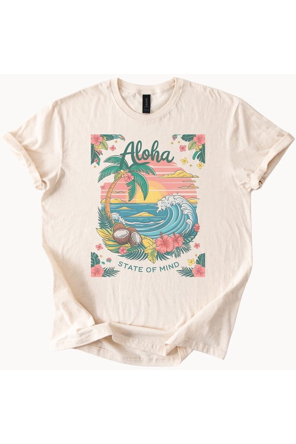 Tee With Tropical Aloha Shirt Beach State Of Mind Tee Hawaii Vacation Palm Tree Coconut Sunset Wave Graphic T-Shirt Birthday Gifts; For Men & Women