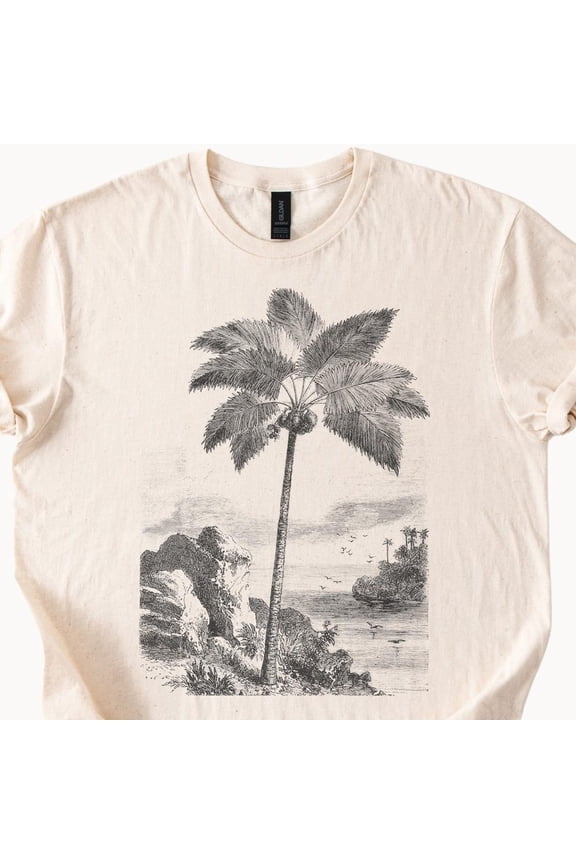 Tee With Tropical Palm Tree Beach Illustration Graphic Tee Gildan Softstyle Natural Coastal Nature T Shirt Ocean Island Scene Vintage Style Birthday Gifts; For Men & Women