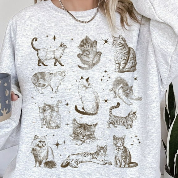 Kiraa Tee With Vintage Cats Sweatshirt, Faded Retro Cat Shirt, Unisex Sweatshirt, Cat Lover Gift, Graphic Oversized Sweatshirt, Cat Aesthetic Shirt Birthday Gifts; For Men & Women
