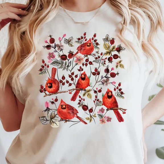 Kiraa Tee With Vintage Cottagecore Wildflower Red Cardinal Shirt, Goblincore Nature Shirt, Bird Lover Gift, Cottage Core Wildflowers Shirts, Bird Lover Tee Birthday Gifts; For Men & Women
