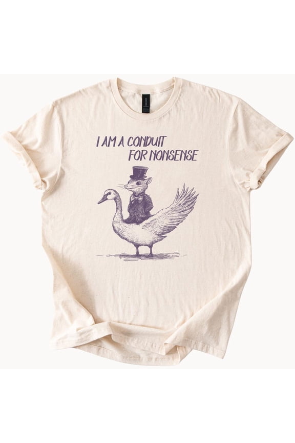 Tee With Whimsical Goose Rider T Shirt Funny Animal Top Hat Tee Nonsense Graphic Shirt Quirky Bird Mouse Humor Clothing Birthday Gifts; For Men & Women