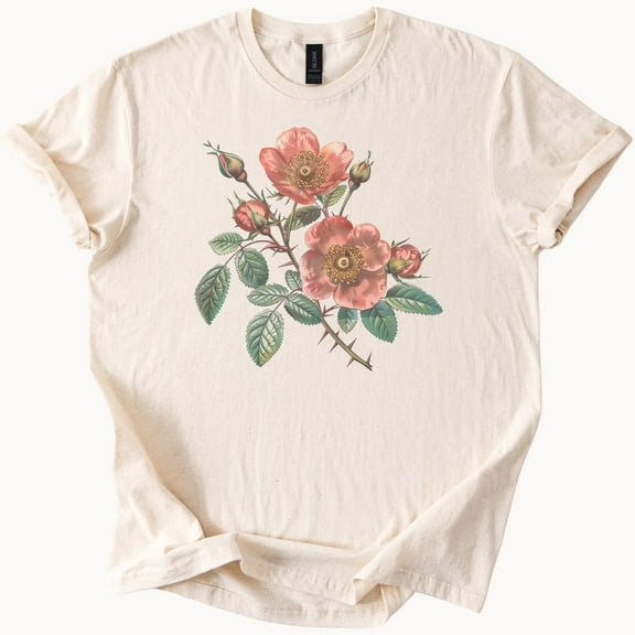 Kiraa Tee With Wild Rose Blossom Floral Graphic T Shirt Botanical Flower Nature Art Soft Cream Tee Garden Inspired Rosebud Shirt Gift For Her Him Birthday Gifts; For Men & Women