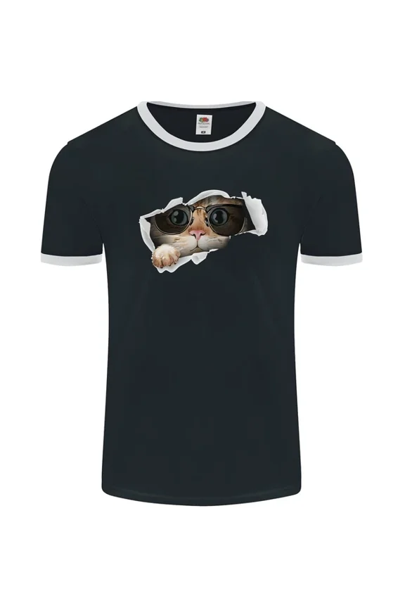 Tee With A Cat Peeking From A Ripped Top Mens Womens Ringer T-Shirt Fotl