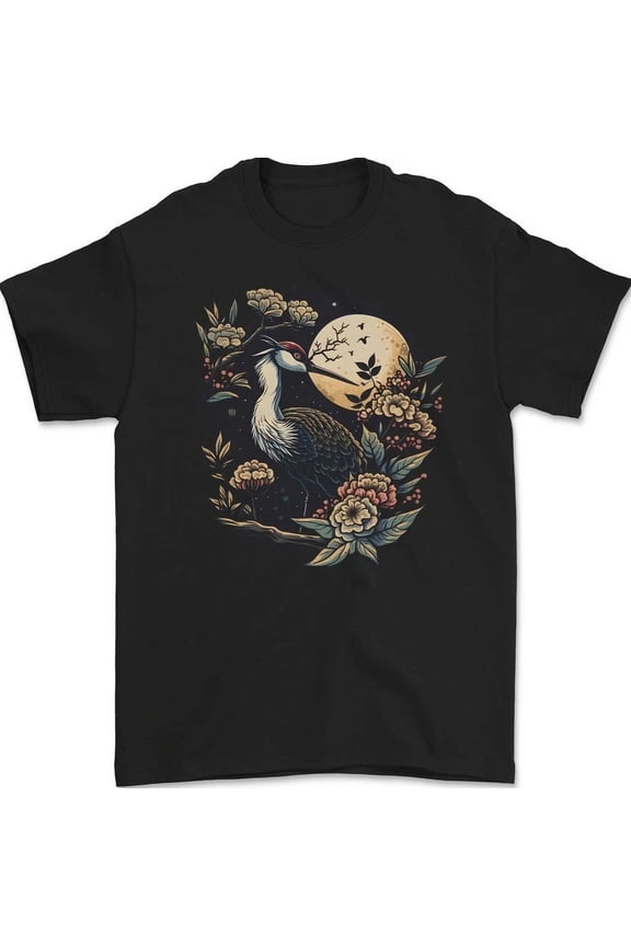 Tee With A Crane With Flowers And Moon Bird Mens Womens S-5Xl T-Shirt